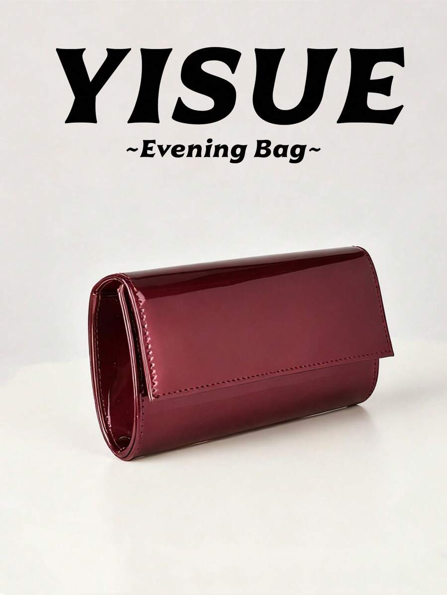 2025新款时尚银色金属晚宴包，女士PU皮革亮面镜面翻盖手拿包，优雅派对单肩包配链条钱包 - 酒紅色 - 查看 1