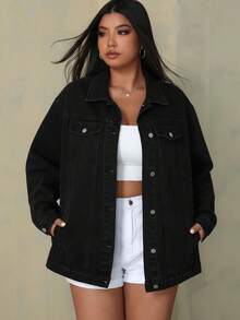 Plus Size Women's Black Stitched Decorative Loose Denim Jacket  Casual    Pocket  Button Front  Button    Holiday  School  Vacation  Home  Birthday Party  Daily    Autumn And Winter  Black Jeans  Lapel Loose Jacket  White Outline Element  Lapel Single-Breasted Retro Casual Jacket - màu đen - Xem 1