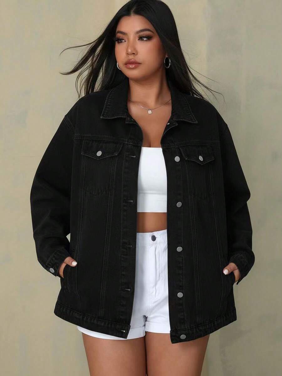 Plus Size Women's Black Stitched Decorative Loose Denim Jacket Casual Pocket Button Front Button Holiday School Vacation Home Birthday Party Daily Autumn And Winter Black Jeans Lapel Loose Jacket White Outline Element Lapel Single-Breasted Retro Casual Jacket - màu đen - Xem 1