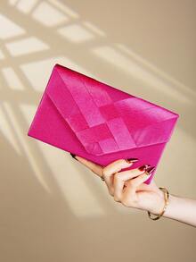 Tas Clutch Malam Berhiaskan Satin Modis, Tas Selempang Model Amplop - Hot Pink - View 8