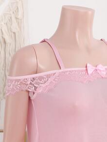 Set de 2 piezas de lencería transparente con adorno de encaje y moño, con tanga a juego, una opción perfecta para ropa de dormir - Rosa - Ver 6