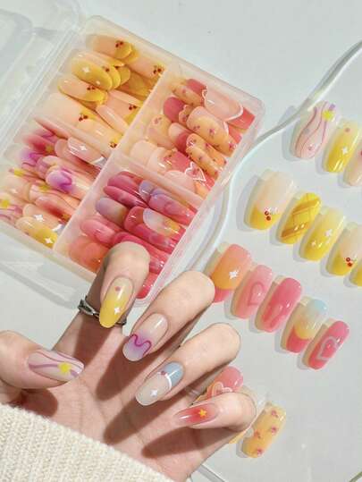 120pcs Pink Yellow Purple False Nail Art Set, Press-On Medium-Length Almond Heart Cherry Rose Flowers Style Fake Nail Tips, Suitable For Women And For Valentine's Day And Daily Wear