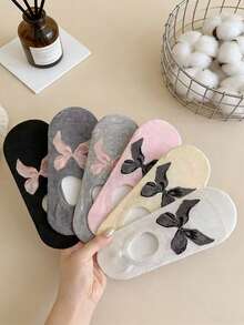 5双随机中国风芭蕾舞纯色蝴蝶结薄款隐形浅口船袜，春夏款 - 彩色 - 查看 1