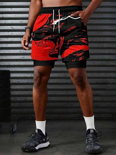 Men's Wolf Print Drawstring Waist Double Layer Shorts