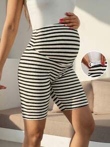Maternity Striped Knit Fabric Shorts, Fitted High Stretch Pants With Adjustable Button - Black and White - View 5