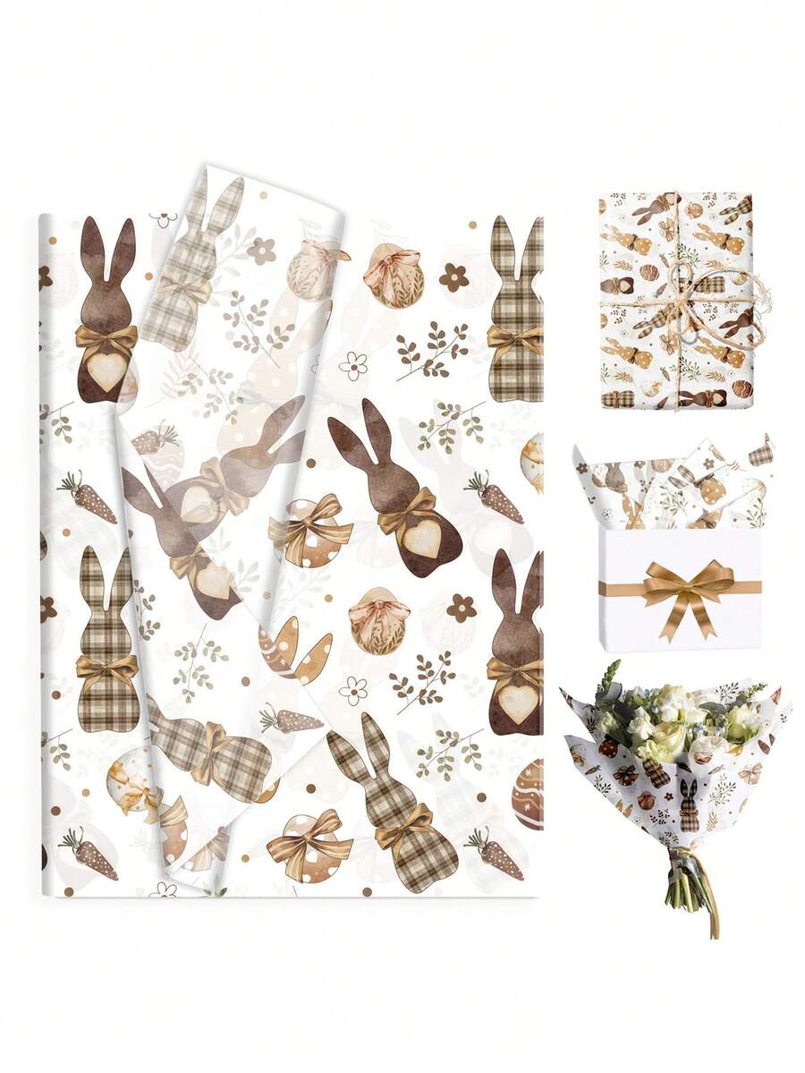 15 st. omslagspapper med kanintema - Innehåller kaniner, ägg, morötter, löv och små blommor, Lämplig för födelsedagar, fester, påsk, bröllop, gör-det-själv, presentförpackningar, examen, bukettförpackningar, säsongsbetonad högtidsdesign, kreativ present - Multifärgad - Visa 1