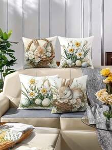 4pcs, New Pillowcase, Easter Pattern, Warm And Comfortable, Beautiful And Practical, 17.7 Inches * 17.7 Inches, Suitable For Home Sofa Decoration, Home Accessories, Bedroom Zipper Pillowcase (Without Pillow Core) - Multicolor - View 3