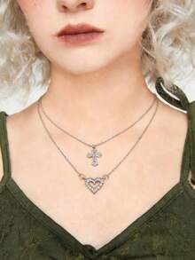 2件套时尚水钻镶嵌心形十字架项链，精致别致的十字架项链，情人节奢华礼物 - 銀色 - 查看 2