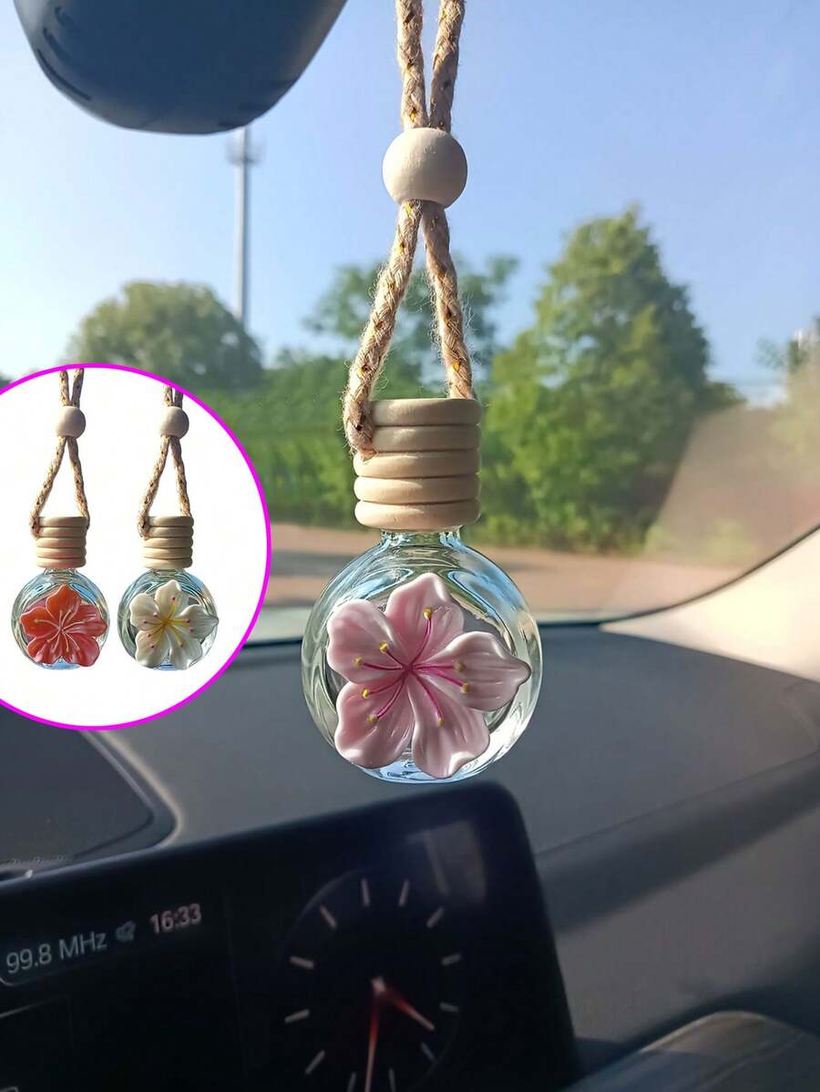 可爱花朵香水瓶吊坠 - 后视镜装饰品，空瓶（可添加香水），女士礼物
