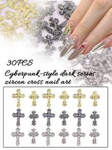 30 piezas de decoraciones de uñas en forma de cruz 3D - Accesorios de manicura de aleación de metal gótico con strass | Suministros de arte de uñas acrílicas encantadores para damas, dijes para uñas - Multicolor - Ver 1
