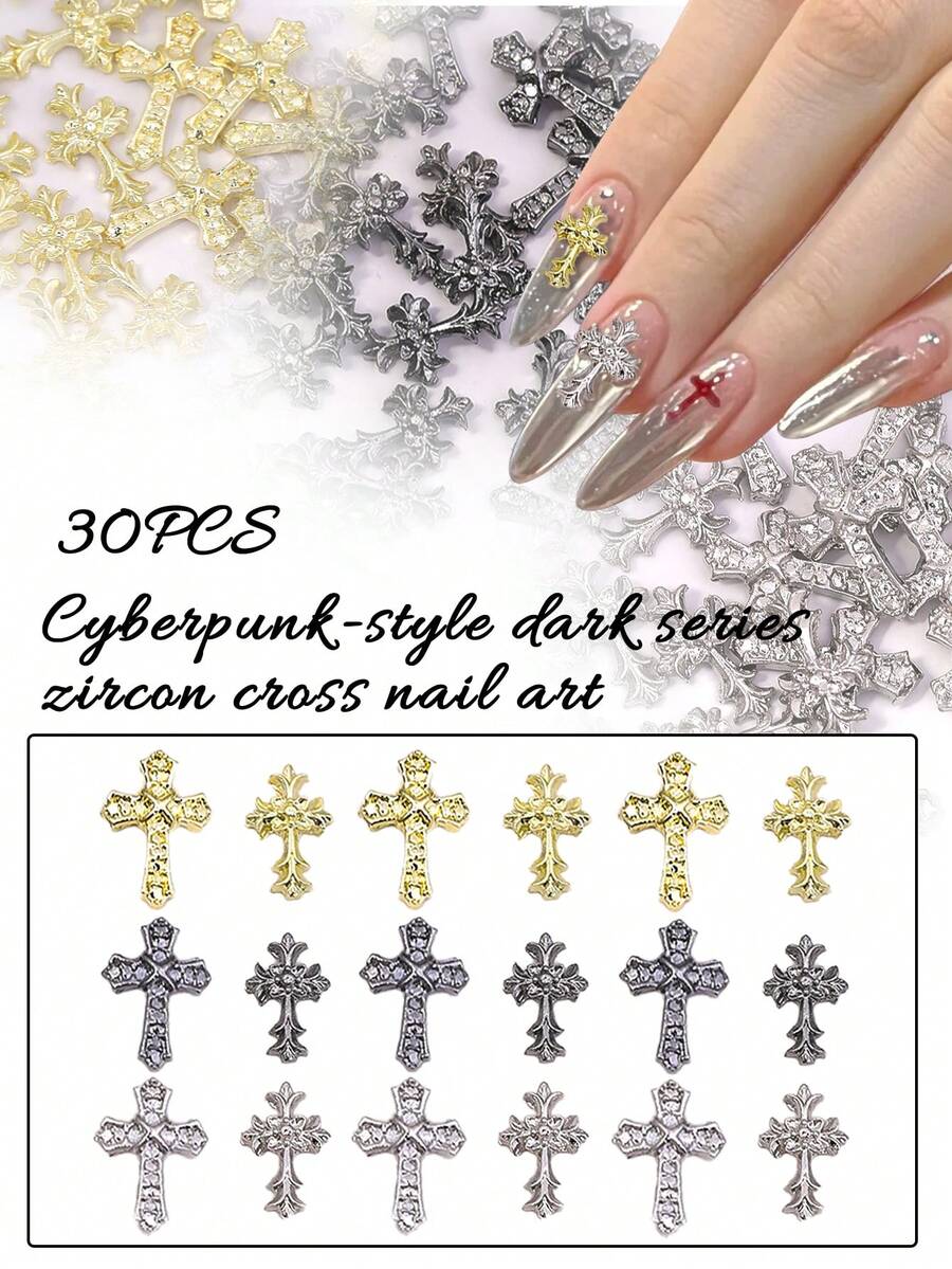 30 piezas de decoraciones de uñas en forma de cruz 3D - Accesorios de manicura de aleación de metal gótico con strass | Suministros de arte de uñas acrílicas encantadores para damas, dijes para uñas - Multicolor - Ver 1