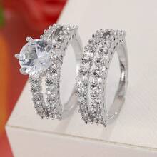 女士两件套铜戒指，优雅复古新娘叠戴戒指，镶嵌闪亮锆石，日常/婚礼首饰，情人节礼物 - 婚禮對戒9 - 查看 3