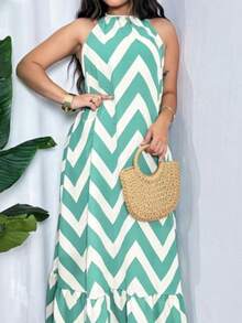 vestido longo zig zag casual elegante tecido muito macio e confortável. - verde e branco - Visão 2