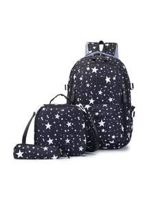 Women's Half-Shell Gauze Backpack Kit, Lightweight And High-Value, Simple, For Campus, Large Capacity, School Backpack, With Thermal Lunchbox. - Black - View 5