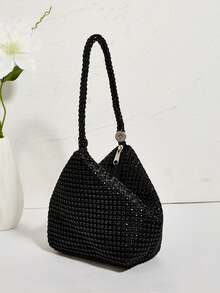 Lightweight Business Casual Rhinestone Decor Mini Drawstring Bucket Bag, Transparent Faux Pearl Evening Clutch - Black - View 2