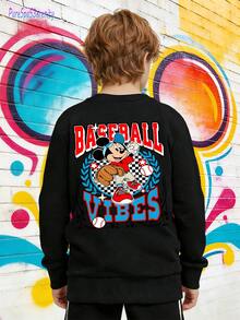 1pc Disney Mickey Mouse Retro Graffiti "Baseball Vibes" Graphic Tween Boys Cool Sweatshirt (Cozy & Versatile) - Perfect For School Days, Hangouts, And Urban Street Outfits - Black - View 3