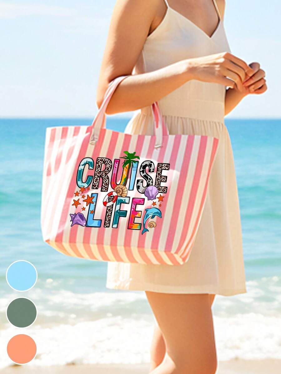 Pvc Striped Tote With "Cruise-Life" And Marine Life,Large Capacity Lightweight Handbag With Vertical & Horizontal Stripes | Multifunctional Commuter Travel,Fashiona Casual Pvc Striped Tote Bag, Heavy-Duty Durable Handbag, Fixed Shoulder ,Women's Large Capacity Shopping Bag Tote Bag, Suitable For Commuting And Travel Storage Bag, Suitable For Shopping, Stylish Casual Handheld Shoulder Purse - Multicolor - View 1