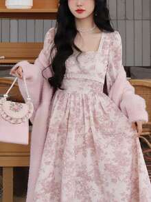 Women's Pink Floral Lace Patchwork Square Neck Long Sleeve Maxi Dress, Ruffle Hem, Detachable Bow, High Waist Slim Dress, Elegant Dress For Dating, Party, Vacation, Easter Outfit, Women's Summer Clothes - Hồng - Xem 5