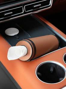 1Pc Round Car Tissue Holder With Window Breaker, Premium ABS & Leather-Style Dispenser, One-Hand Pull, Cup Holder Fit, Universal For All Vehicles SUVs Trucks - Tissue Box - View 3