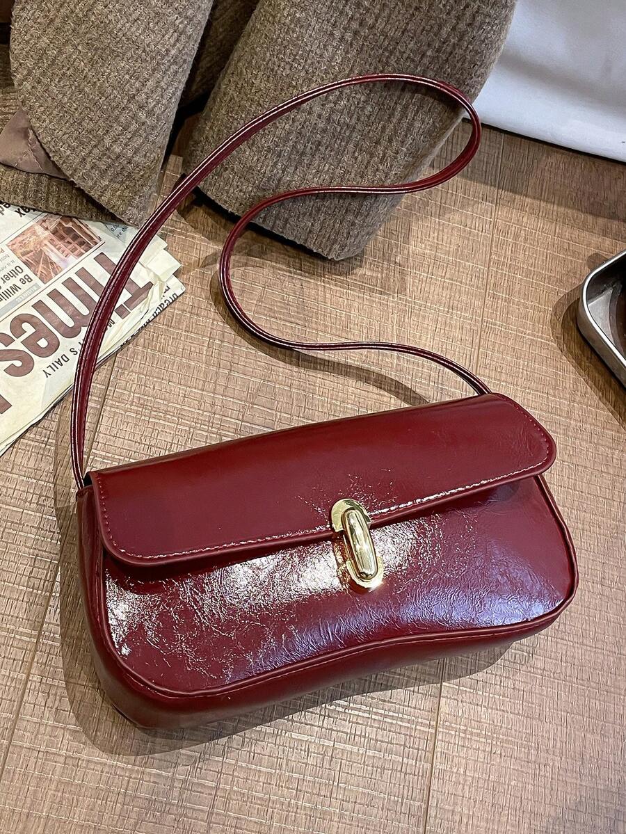 女士复古仿油皮单肩斜挎包，时尚百搭，适合约会、外出、聚会等场合 - 紅色 - 查看 1