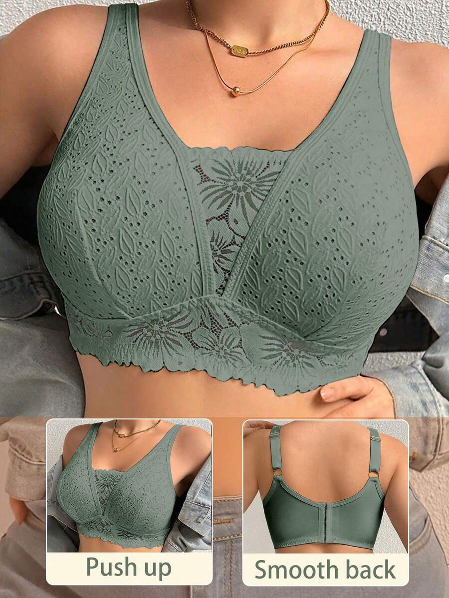 Plus Size Women Lace Patchwork Seamless Underwear, Suitable For Daily Wear And Various Occasions - Army Green - View 1