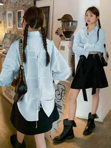 Women's Loose Fit Turndown Collar Backless Tie-Up Long Sleeve Blouse, Lightweight, Spring/Summer - Blue - View 1