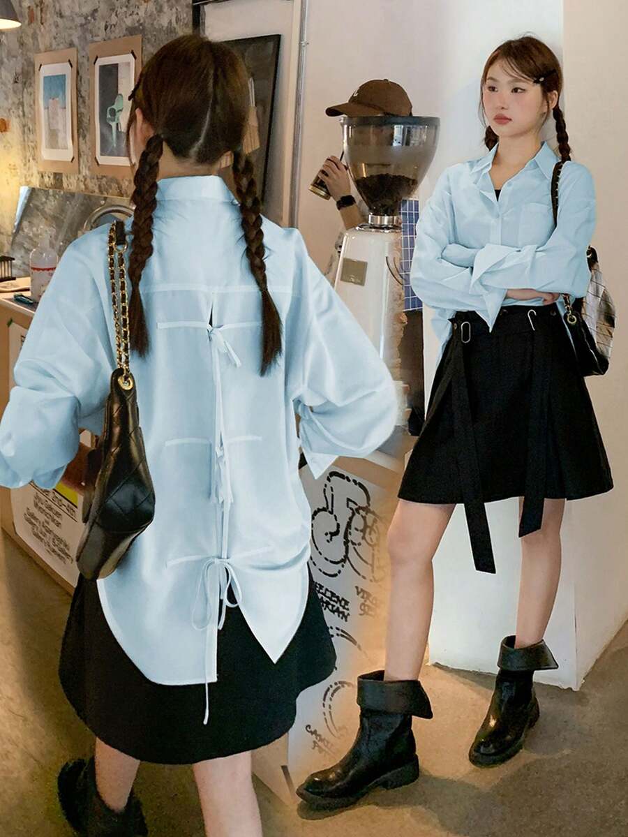 Women's Loose Fit Turndown Collar Backless Tie-Up Long Sleeve Blouse, Lightweight, Spring/Summer - Blue - View 1