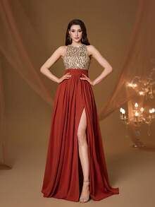 Mgiacy New Arrival Round Neck Halter Fancy Evening Gown Dress Sequin Ruched High Slit Chiffon Long Dress - Champagne - View 3