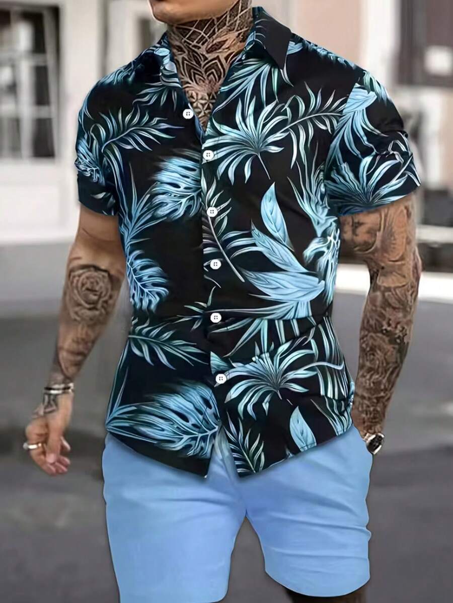 Men's Floral & Leaf Print Summer Polo Collar Contrast Color Short Sleeve Shirt And Solid Color Drawstring Waist Shorts Set, Casual 2-Piece Outfit - Navy Blue - View 1