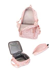 Women's Half-Shell Gauze Backpack Kit, Lightweight And High-Value, Simple, For Campus, Large Capacity, School Backpack, With Thermal Lunchbox. - Pink - View 4