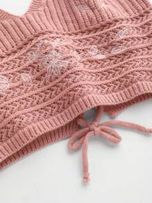 夏季度假沙滩女式露背刺绣可爱Y2K系带细节简约休闲针织毛衣，大码及娇小码粉色 - 粉色 - 查看 7