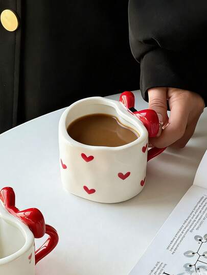 1pc Heart-Shaped Ceramic Coffee Mug, Korean Minimalist Ins Style Creative Personalized Ceramic Mug, Heart-Shaped Cup & Bowknot Handle, Handmade Coffee Cup, Suitable For Home, Restaurant, Cafe - Cute, Creative, Personalized Breakfast Cup, Tea Cup, Coffee, Perfect Birthday And Holiday Gift