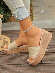 1 đôi sandal cao gót mùa hè dành cho tuổi teen, dây thừng gai dệt màu trơn thời trang, thiết kế tối giản, dép đế xuồng dày dặn, nhẹ và thoải mái, thích hợp cho sử dụng hàng ngày, kỳ nghỉ, dạo chơi, du lịch, đi biển. - Màu be - Xem 6