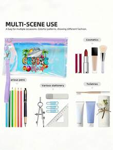 纯色透明化妆包，激光沙滩手拿包，印有“Ceuise Life”字样、椰子树、邮轮等相关图案，PVC材质，大容量，洗漱包，便捷简约收纳包，透明拉链洗漱包，防水，拉链化妆包，唇膏收纳袋，指甲油收纳袋，适合海滩、度假使用。 - 彩色 - 查看 6