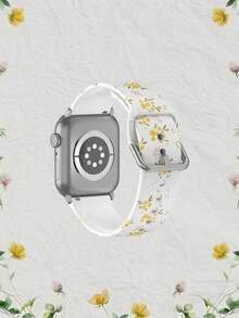 1pc Soft Elastic Breathable Leaf & Yellow Flower Pattern Replacement Watch Band, Fits 38mm 40mm 41mm 45mm 44mm 42mm 49mm, Fashionable Casual Multi-Color Silicone Watch Strap Compatible With Apple Watch Ultra Series, S11/S10/SE/9/8/7/6/5/4/3/2/1 Smartwatch - Multicolor - View 2