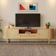 Modern TV Unit With Rattan Drawers With Open Compartments, Rounded Top, Wood Effect Metal Legs, Multifunctional Living Room Furniture.