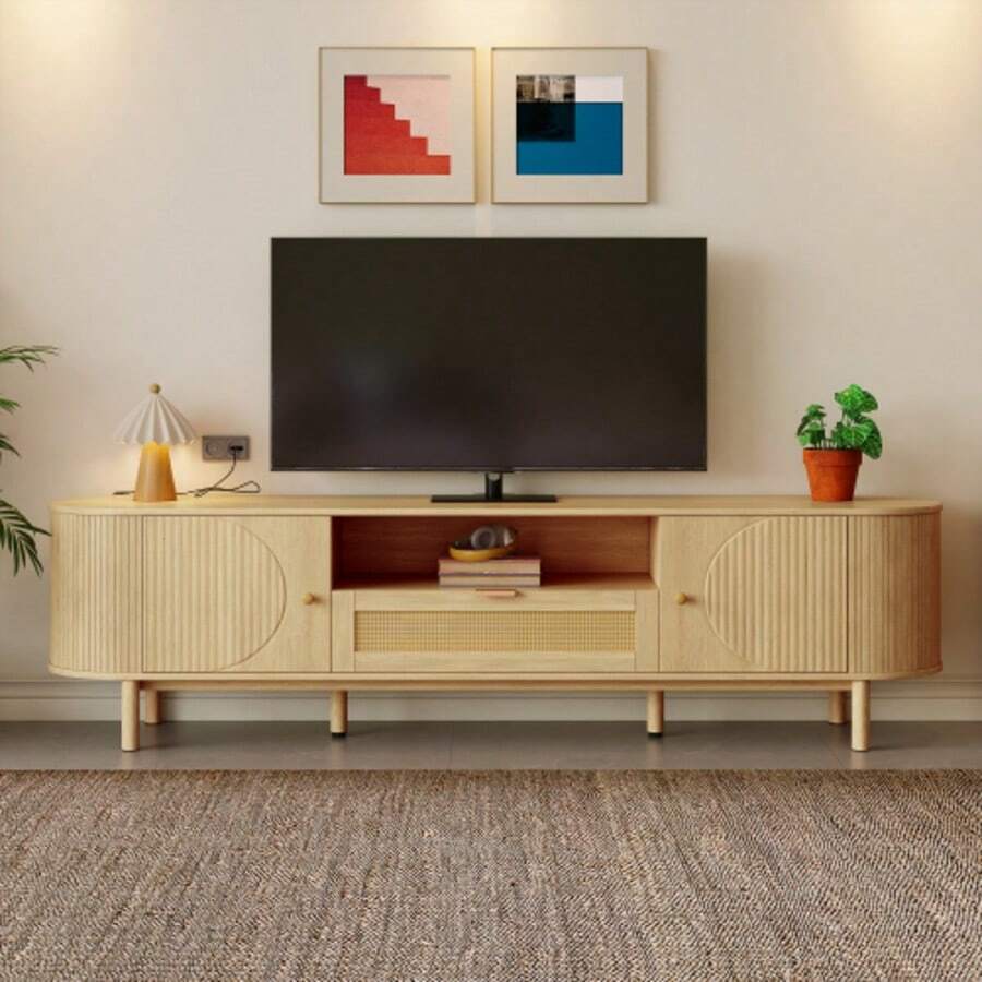 Modern TV Unit With Rattan Drawers With Open Compartments, Rounded Top, Wood Effect Metal Legs, Multifunctional Living Room Furniture.