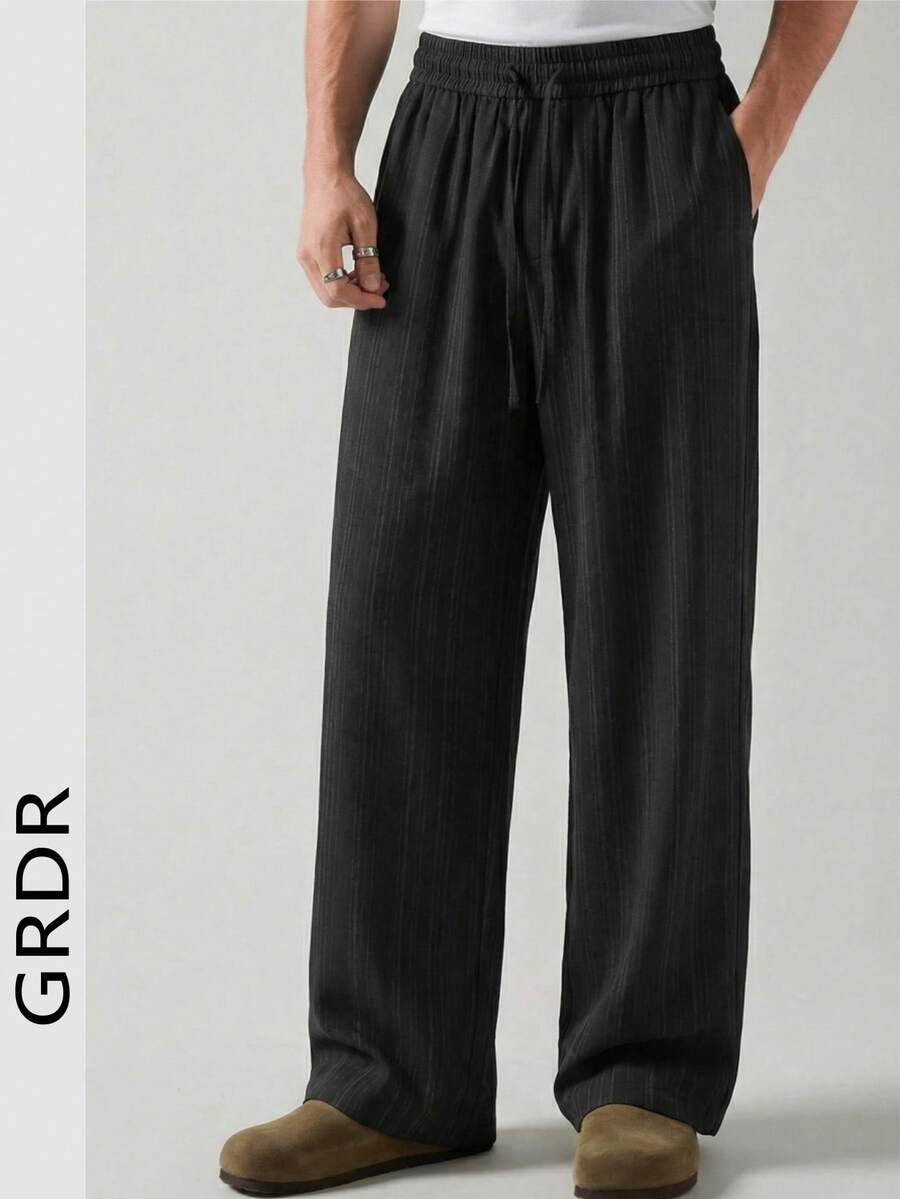 Lightweight Straight-Leg Casual Pants, Vertical Striped, Wide-Leg, Solid Color, Fashion Versatile Suit Trousers, Spring/Summer - Black - View 1