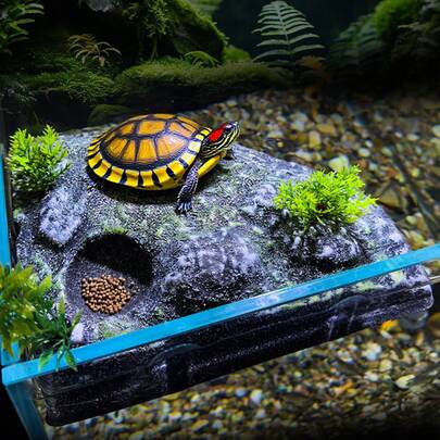 1pc Floating Turtle Sunbathing Platform With Realistic Aquatic Plants, Suction Cup And Feeding Hole, Simulated Rock Climbing Platform Turtle Ladder For Aquarium Decor