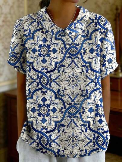 Damen lässiges, luftiges Kontrast-Farbiges Vintage Blumen Porzellan Muster Kurzarm Hemd, Retro Porzellan Blumen Muster Hemd, eleganter orientalischer Urlaubsstil Top, 2026 beliebtes blau-weißes Blumen Mandala Hemd, lässiges luftiges Strand Top, Damen Sommer Outfit