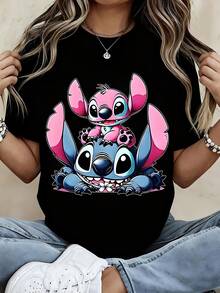 Stitch And Angel Cartoon Character White T Shirt Women Casual Short Sleeve Top Fashion Graphic Tee For Girls Unisex Summer Wear - màu đen - Xem 1