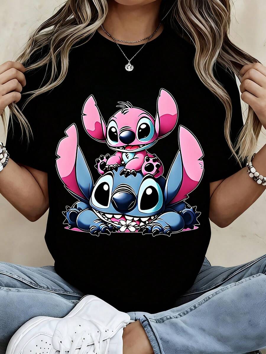 Stitch And Angel Cartoon Character White T Shirt Women Casual Short Sleeve Top Fashion Graphic Tee For Girls Unisex Summer Wear - màu đen - Xem 1