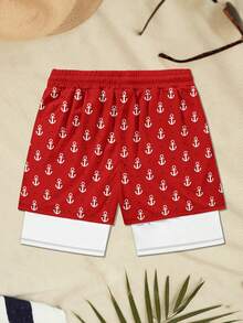 Men's Anchor Print Drawstring Waist Casual Breathable Beach Shorts, 2 In 1 Design - Red - View 2