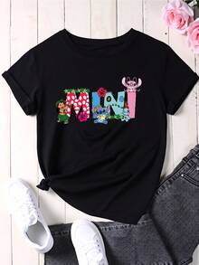 Lilo And Stitch Mini T Shirt Women Cute Cartoon Print Loose Fit White Top Casual Summer Wear - 黑色 - 查看 2