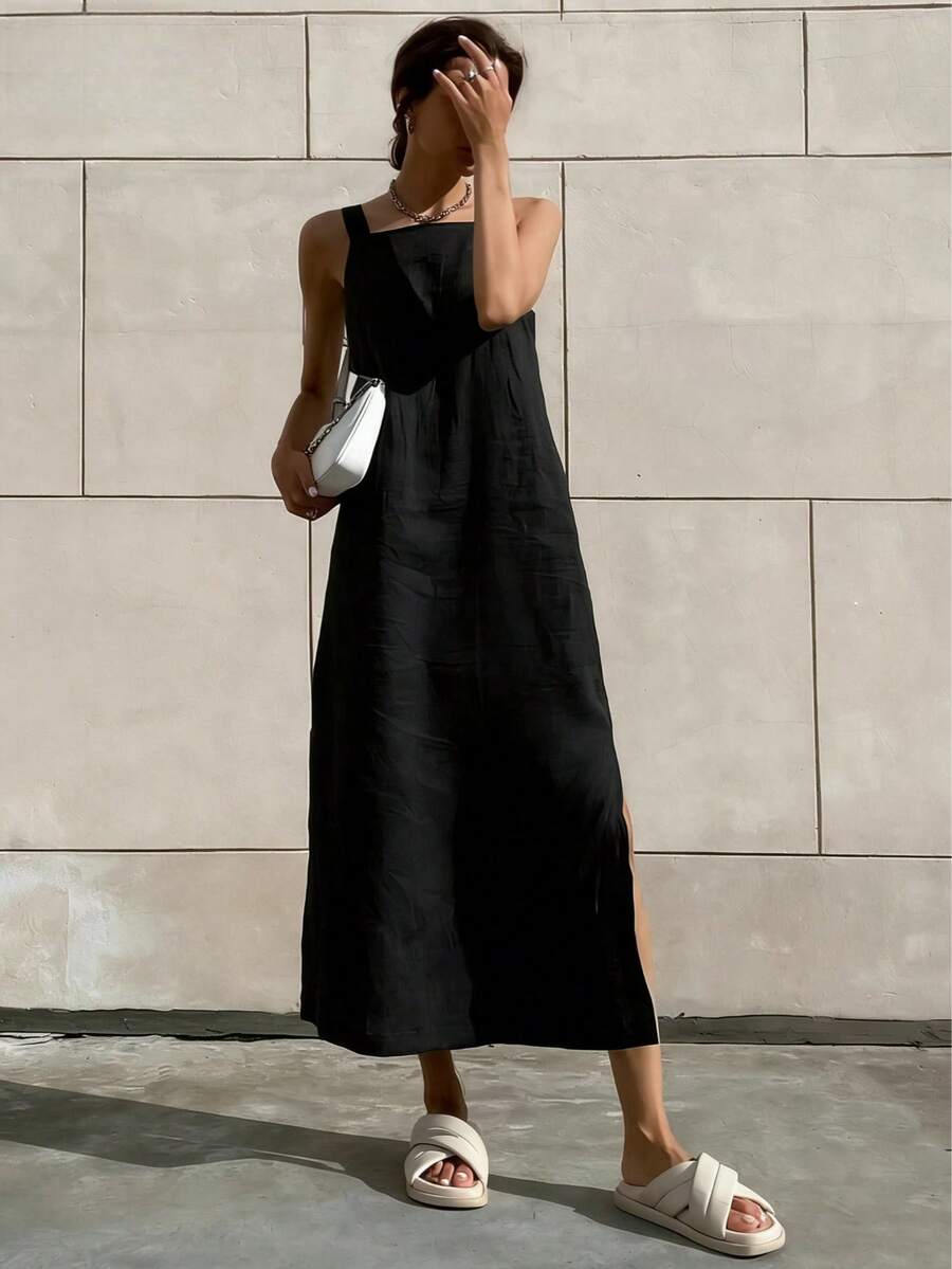Women's Elegant Casual Sleeveless Square Neck Maxi A-Line Dress, Side Slit Design, Non-Stretch Fabric, Casual Elegant Summer Style For Vacation And Daily Wear Black - Black - View 1