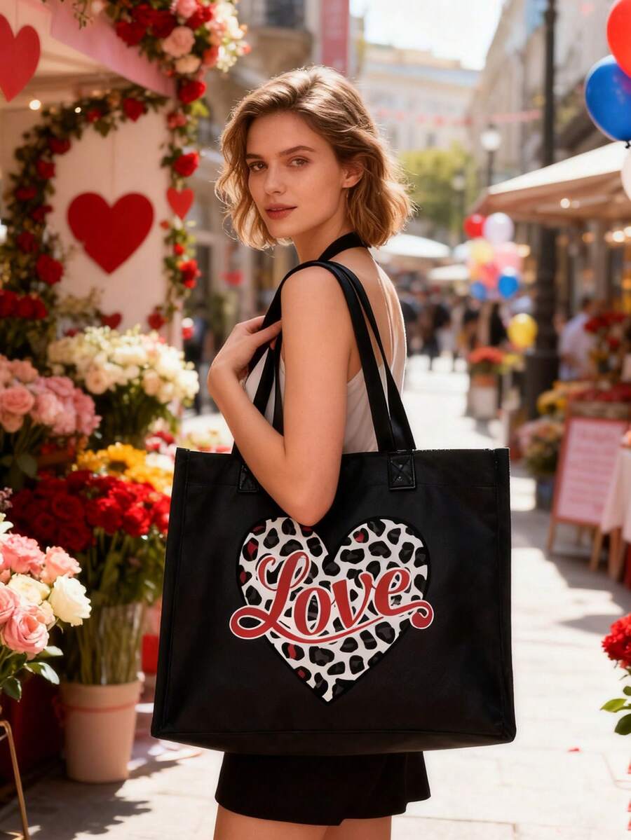 Large Capacity Women's Tote Bag Features Valentine's Day Heart Pattern And Love Letter Print, Black Multi-Functional Shoulder Bag, Stylish Portable Handbag - Multicolor - View 1