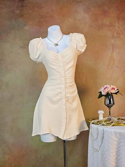 Vestido elegante y casual con cuello cuadrado, mangas abullonadas, cintura ceñida y falda en línea A, de tela tejida, estilo sexy y elegante, adecuado para primavera/verano, fiestas en la playa, vacaciones, uso diario, citas, viajes, actuaciones en el escenario, conciertos, aeropuerto