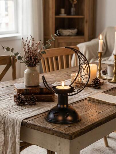 1 Set/Piece New Moon & Star Theme Twisted Metal Wire Candle Holder. This Candle Holder Is Made Of Metal Wire And Metal Base, With A Simple And Modern Design. The Shape Is A Crescent-Shaped Hollow Frame, With Intertwined Curves, Paired With A Round Top Base And Cup-Shaped Candle Holder Tray Decorated With Star And Moon Hollow Patterns.