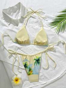 新款柔软加垫印花挂脖系带优雅派对比基尼套装，女士夏季沙滩时尚泳装 - 黃色 - 查看 4
