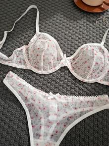 3件套女士纯色及花卉印花蝴蝶结装饰钢圈软杯舒适文胸套装 - 白色 - 查看 5